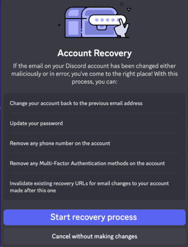 Discord's Account Recovery menu.
