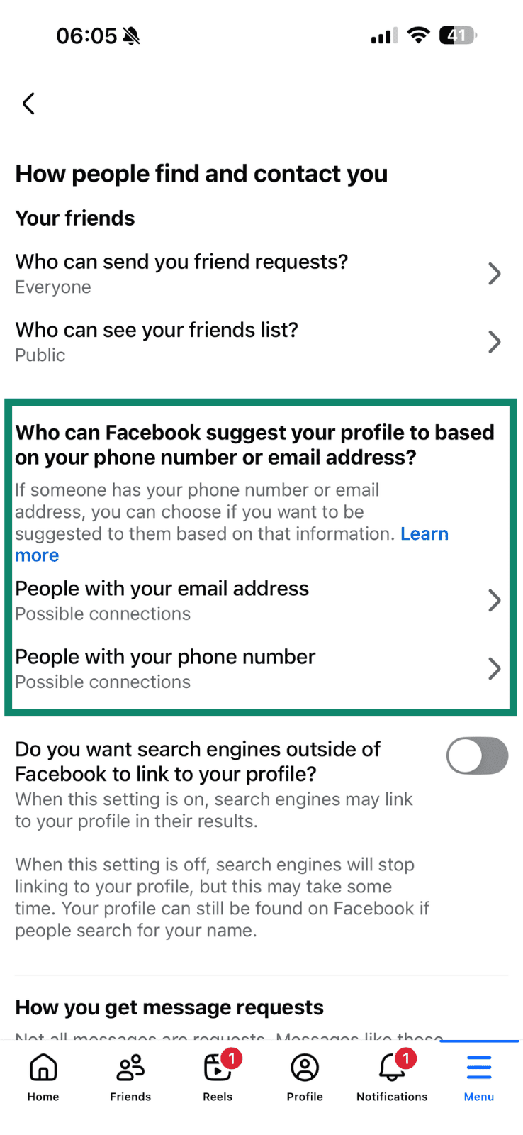 Facebook's mobile settings that let you adjust who Facebook can suggest you to based on your phone number and email address.
