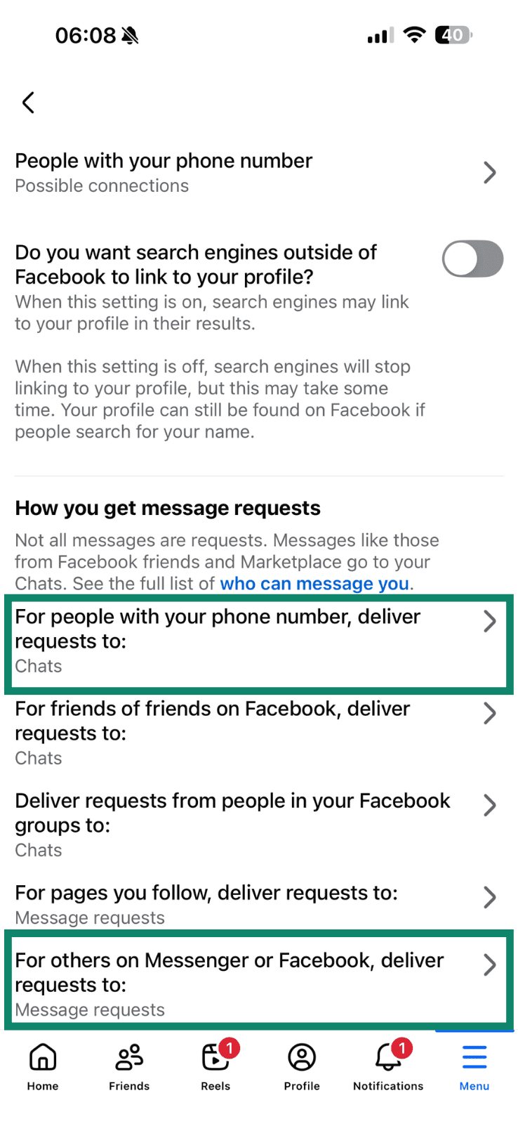 Facebook's mobile settings menu that lets you customize how you get message requests.