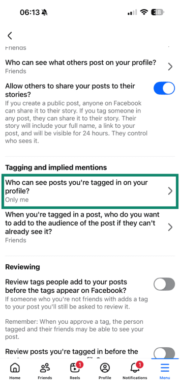 The "Who can see posts you're tagged in on your profile" menu option highlighted on Facebook mobile.