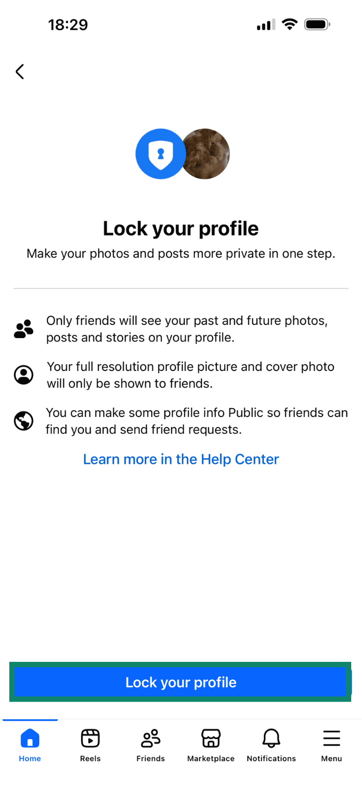 Facebook's Lock Profile feature explained in the mobile app with the 