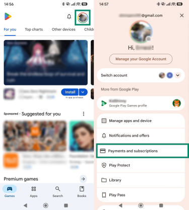 Screenshots of the Google Play Store on Android, highlighting how to access your payments and subscriptions settings.