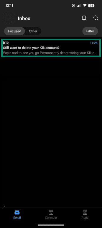 An email inbox, with an account deletion email from Kik highlighted.