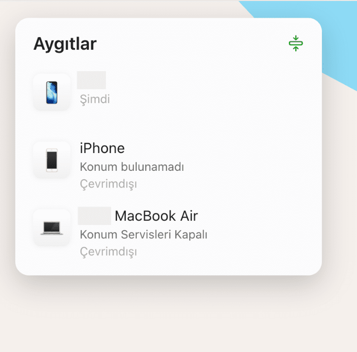 Find Devices screen showing a list of Apple devices linked to the account.