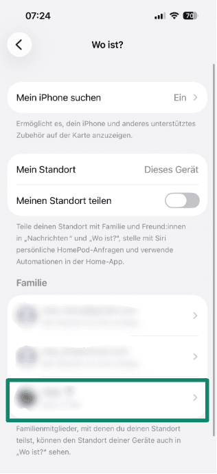 Find My settings page showing location sharing options.