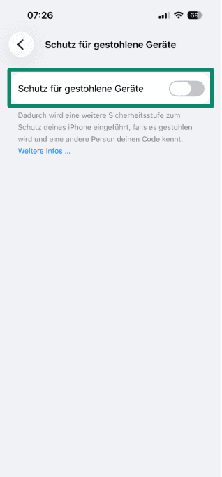 Stolen Device Protection screen with the toggle switched off.