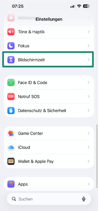 iPhone Settings with Screen Time highlighted.