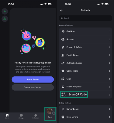 Discord's settings menu showing the scan QR code option.