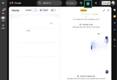 The chat interface is open, and the settings gear is highlighted.
