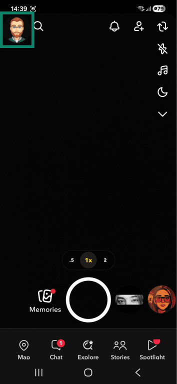 The Snapchat Stories interface with the user profile icon highlighted.