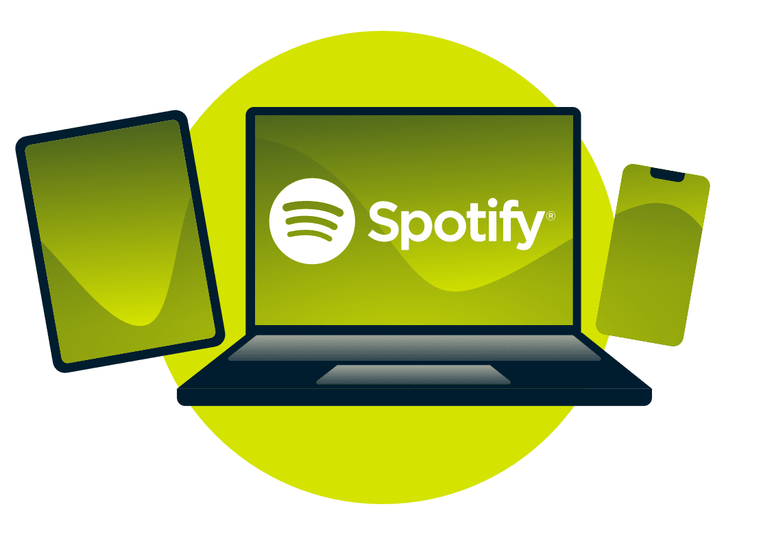 Un portatile, un tablet e un telefono, con il logo di Spotify.