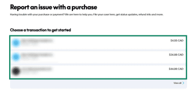 A screenshot of the PayPal Report an issue page with a list of transactions