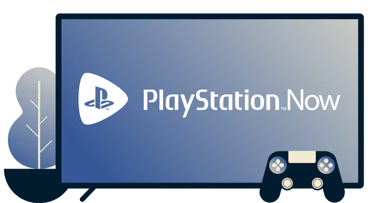 Skjerm med Playstation Now-logo, kontroller og en plante.