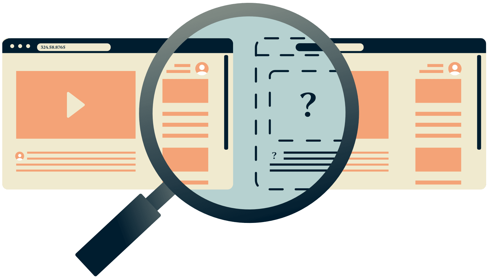 Et forstørrelsesglas over to browservinduer, hvor et af dem er skjult.