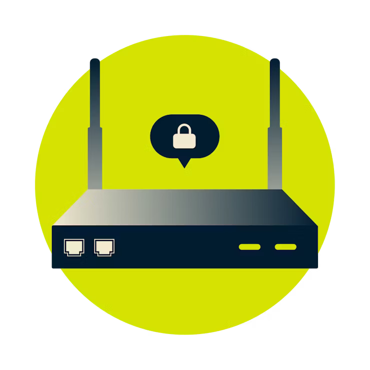 Router mit einem Schloss-Symbol in einer Sprechblase.