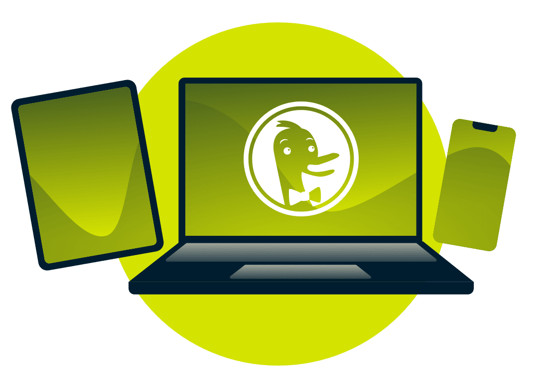 Laitteita, joissa on DuckDuckGo-logo.