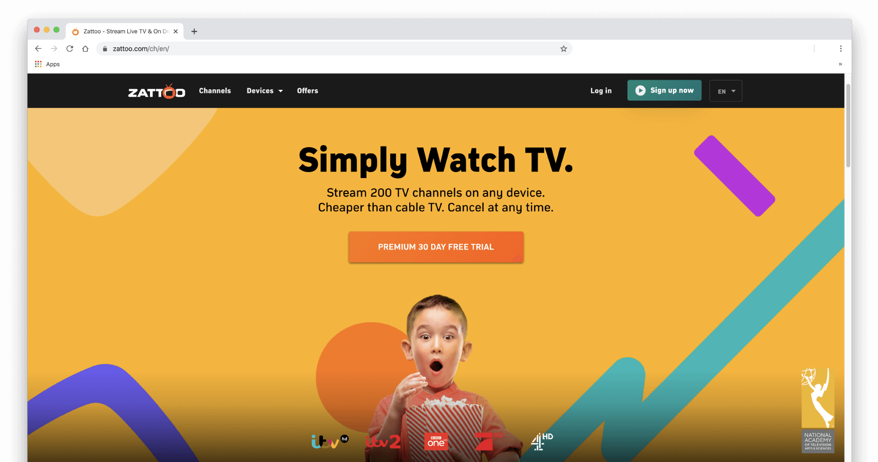 Screenshot della homepage di Zattoo.