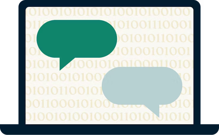 Código binario y bocadillos de diálogo en la pantalla de una laptop.
