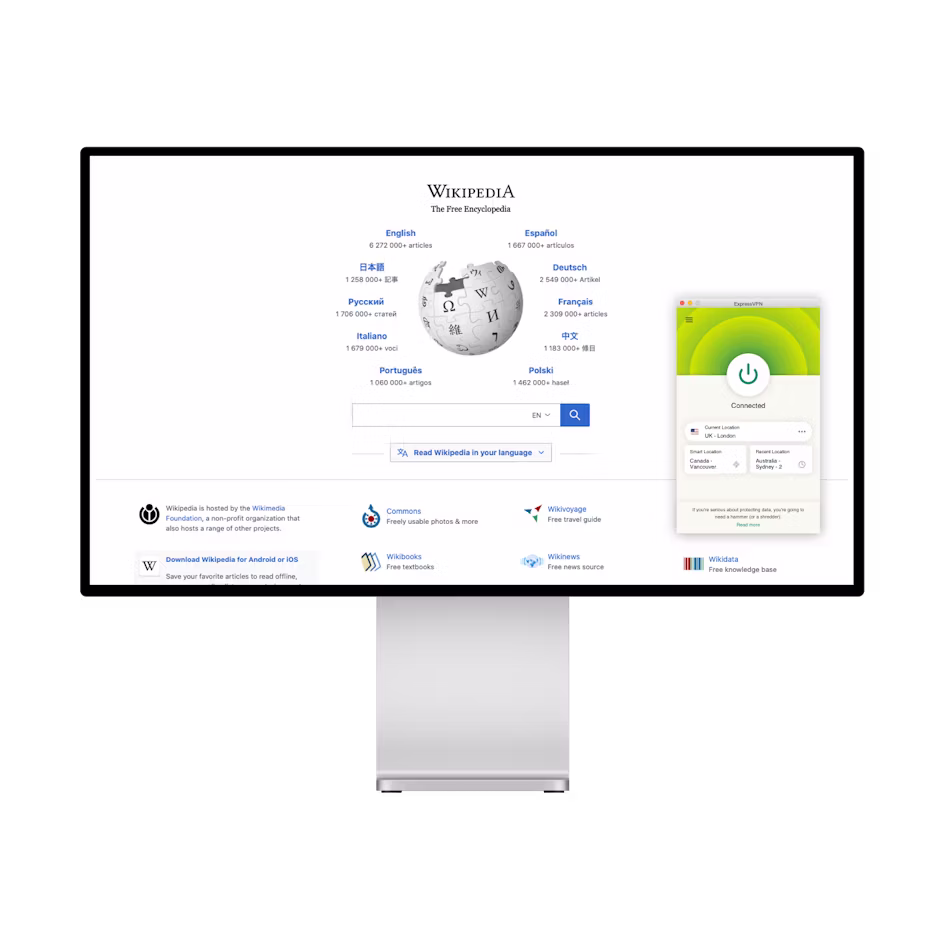 Forsiden til Wikipedia og VPN.