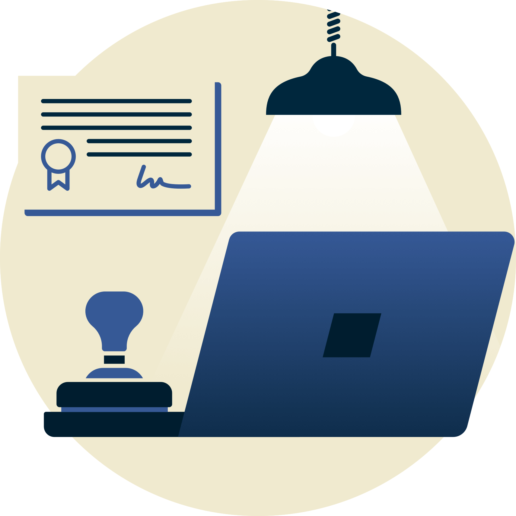 Lampe over stempel og laptop, med sertifikat i bakgrunnen.