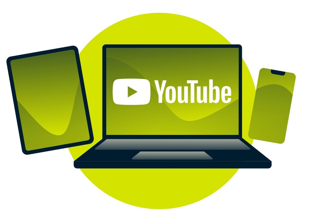 En bærbar PC, et nettbrett og en telefon med YouTube-logoen.