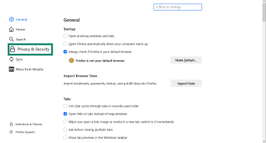 Firefox Settings with Privacy & Security highlighted.