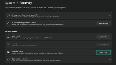 Restart now button next to Advanced startup.
