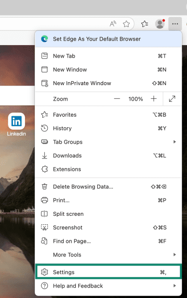 Microsoft Edge main settings menu, with a highlighted "Settings option at the bottom.