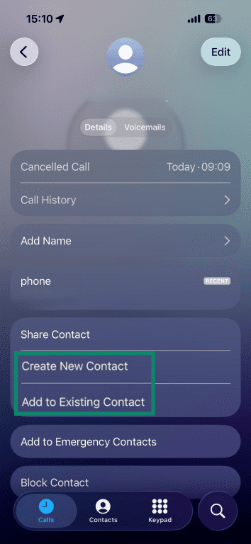 "Create New Contact" and "Add to Existing Contact" options highlighted in the "Calls" section.