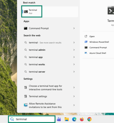"Terminal" search and app highlighted in Windows 11.