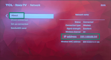 "About" and "IP address" options highlighted on a Roku TV.