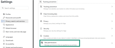 The Edge settings menu is open and Site permissions is highlighted.