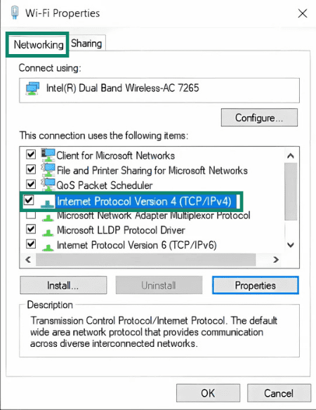 Windows' Wi-Fi Properties window showing a list of options that a Wi-Fi network can use.