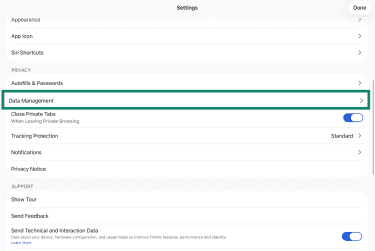 Data Management option in Firefox Settings on iPad.