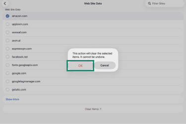 Confirmation message to clear website data on Firefox for iPad.
