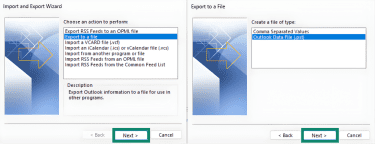 "Export to a file" and "Outlook Data File (.pst) options highlighted in the Outlook export options.