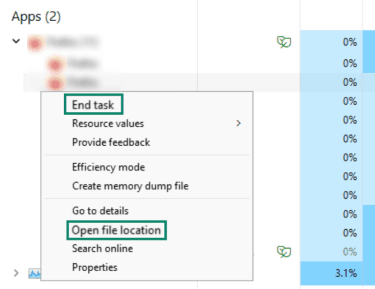 Task Manager showing the "End Task" and "Open File Location" options highlighted for an adware app.