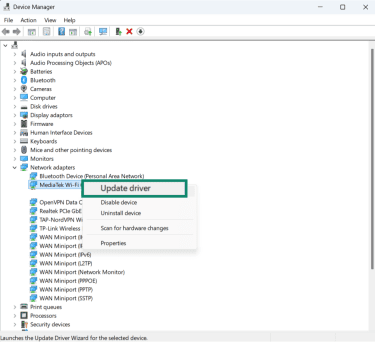 The Windows Device Manager utility, showing the option to update the network adapter driver.