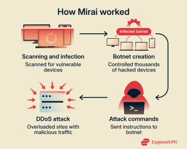 Diagram showing how a botnet like Mirai spreads across connected devices.