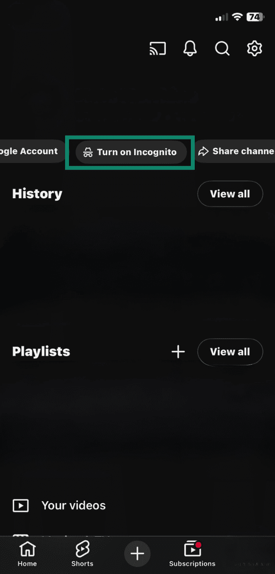YouTube profile settings with Turn on Incognito option highlighted