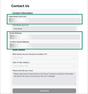 Roblox support form showing username and email fields.