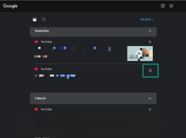 YouTube search history individual item with delete "X" option highlighted