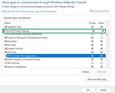 Windows Defender window showing allow app for connections and Files and Printer Sharing.