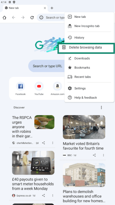 Google Chrome on Android with settings dropdown menu open and Delete browsing data highlighted