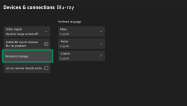 Xbox Devices & connections menu with the Persistent storage option highlighted.