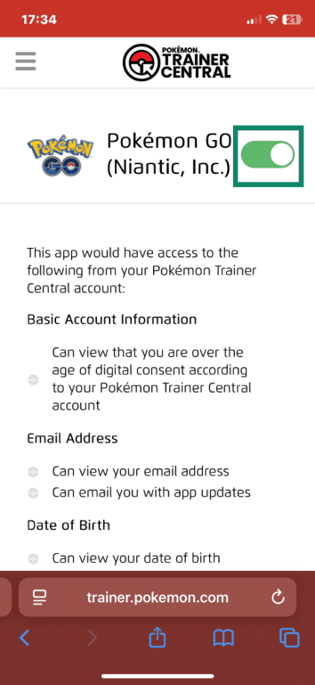 Pokémon Trainer Central with Pokémon GO option open and connection toggle in "on" position highlighted