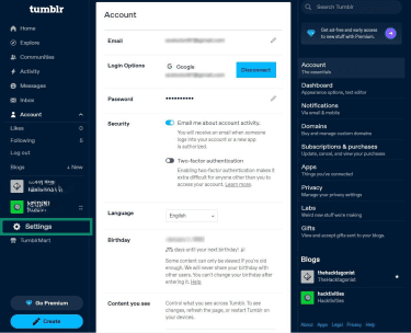 How to access the Tumblr settings page on desktop