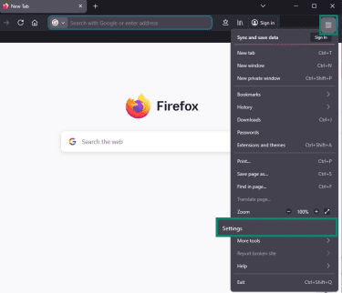 Firefox browser window with hamburger menu and Settings highlighted.