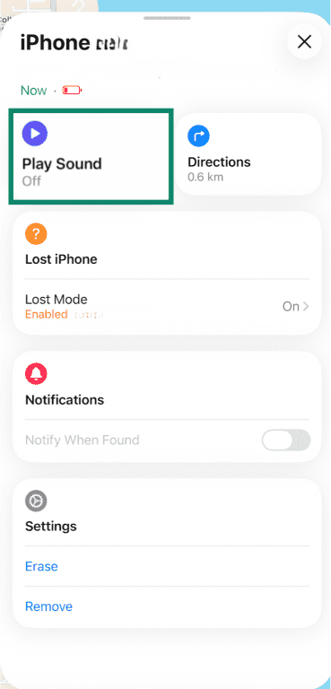 iPhone Find My app with Play Sound button highlighted.