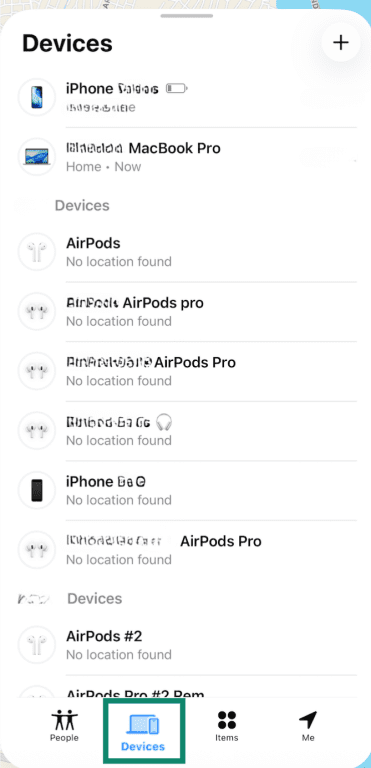 iPhone Find My app with Devices button highlighted.
